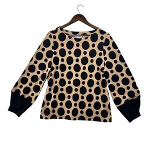 Chico's Polka Dot Top Womens 2 L Tan Black Excellent Wide Cuff Boat Neck Blouse